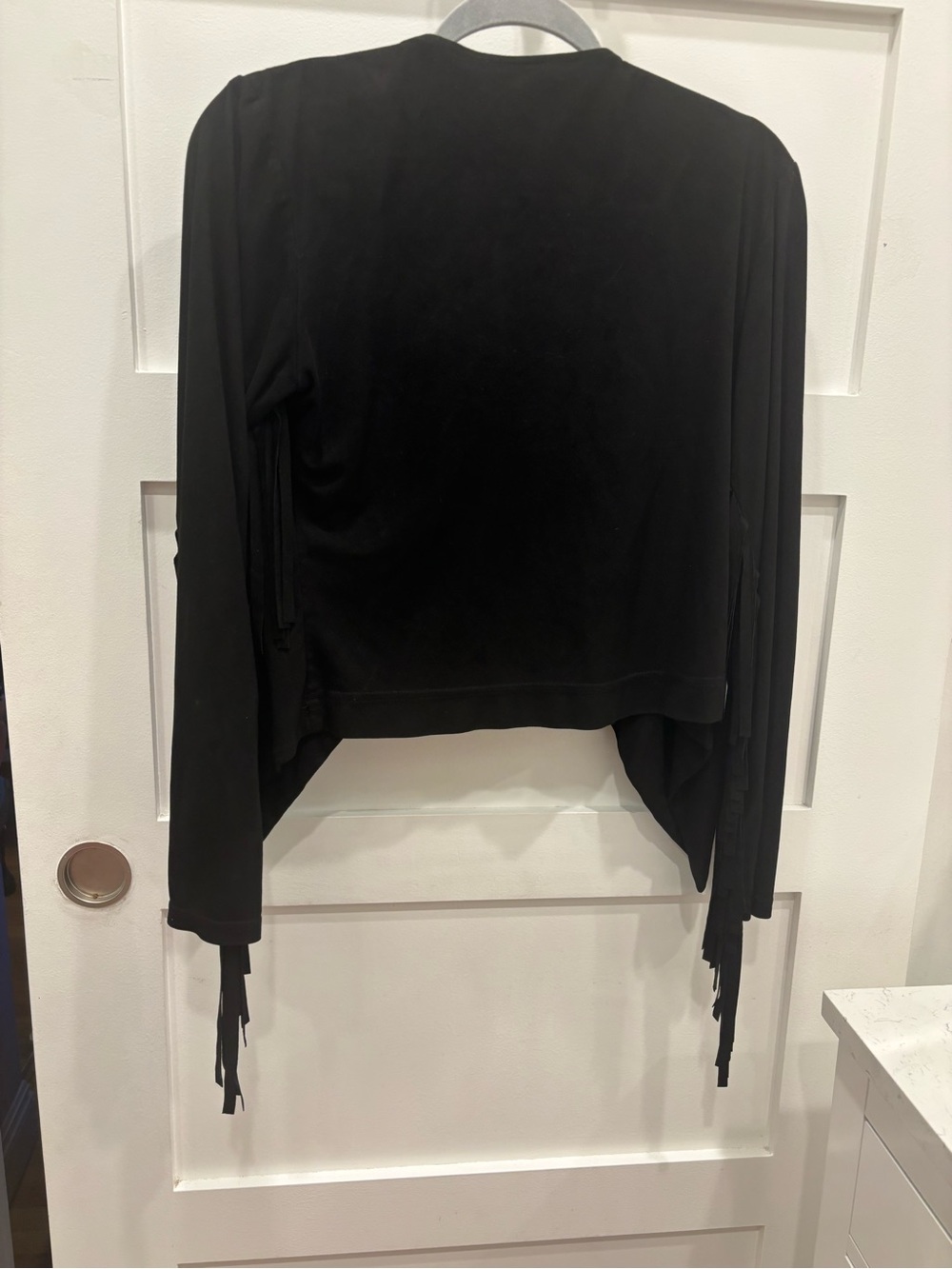 Moon Collection Black Draped Fringe Faux Suede Open Front Cardigan / Jacket - Picture 3 of 7